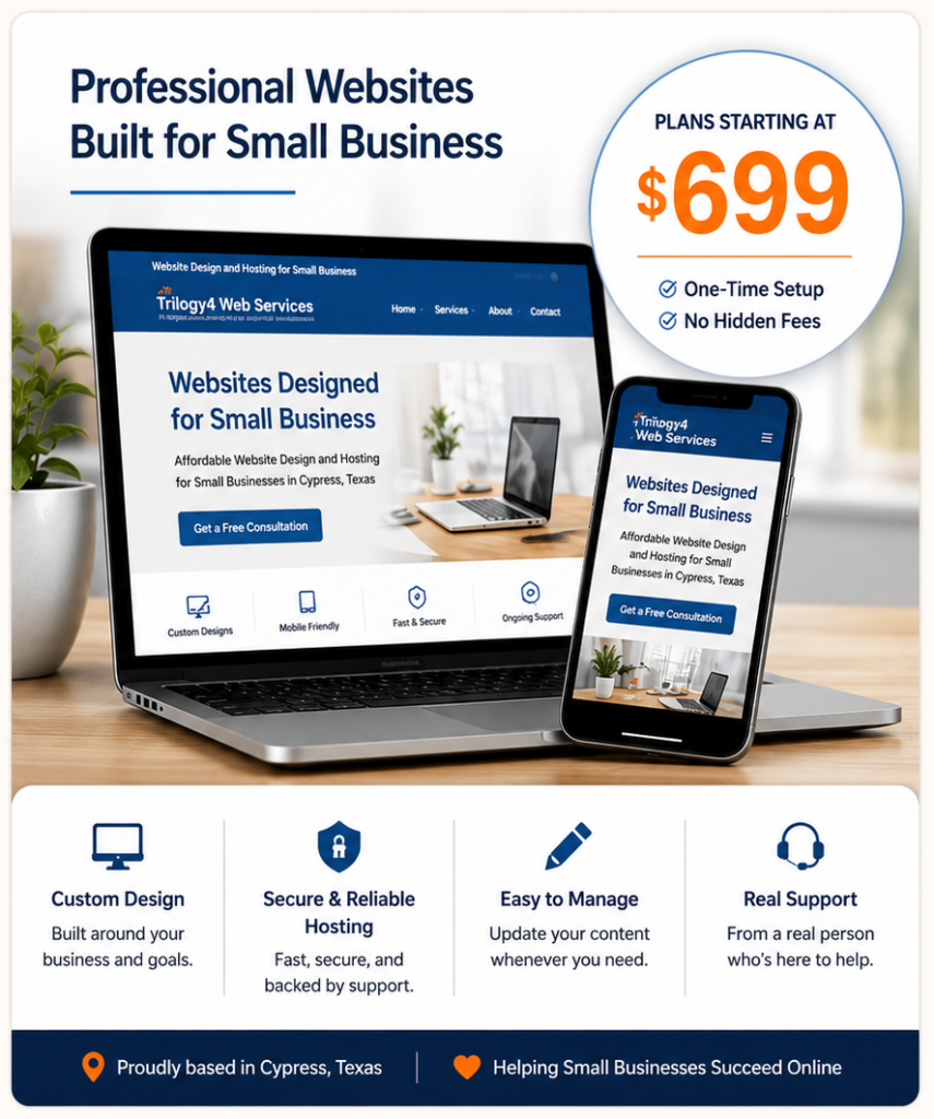 Affordable website design and hosting for small businesses in Cypress Texas starting at $699